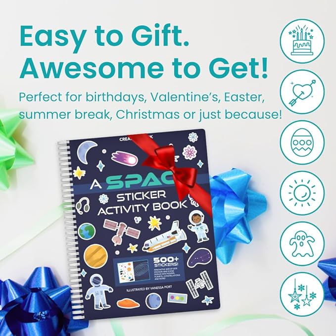 CUPKIN Outer Space Sticker Book for Kids 2-4, 500+ Kids Stickers 12 Coloring Pages, 12 Side by Side Scenes, Fun Toddler Travel Activity Coloring and Sticker Books for Ages 4-8 + 8-10