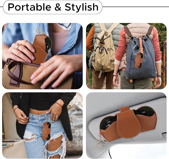 KINIVA Sunglasses Holder for Car Visor with Hanging Hook Portable Leather Glasses Storage Bag with Detachable Clips