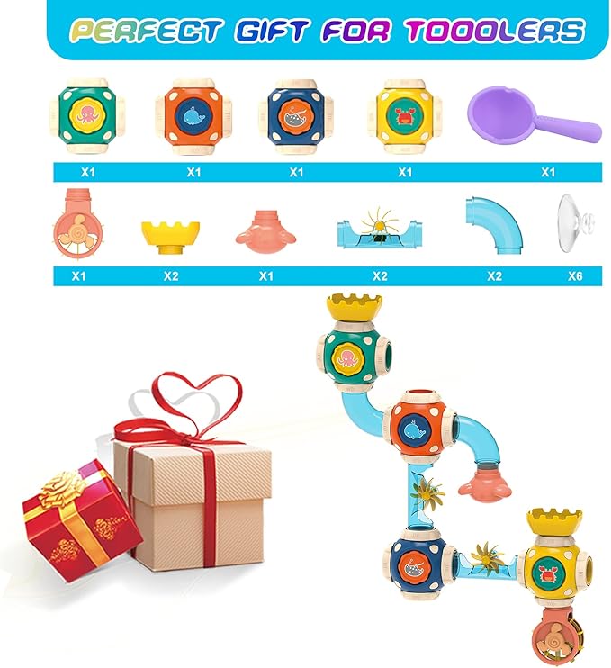 Bath Toys, STEM Baby Bathtub Toy with DIY Pipe Tubes, Cubes,Spoon, Lovely Cute Bathroom Time Spray Waterfall Shower Toy, Suitable for Toddlers Boys Girls 3 Years and up