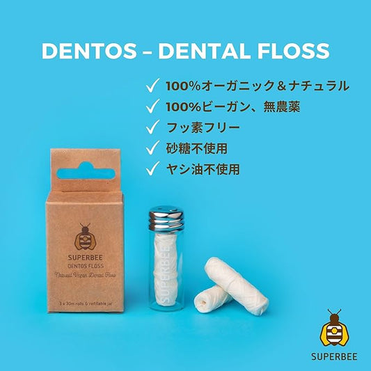 SuperBee Dentos Floss, 3 spools Dental Thread, Vegan and Natural Corn Fiber Floss, for Sensitive Gums Kids and Adults, Peppermint Flavored Fluff, Dental Yarn, Oral Care Routine