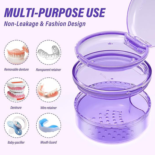 Denture Case, 2PCS Retainer Case with Strainer Basket, 2 in 1 Denture Bath Case No-Leak Retainer Cleaner Case, Retainer Holder for Travel, Mouth Guard Case for Dentures, Clear Braces, Night Guard
