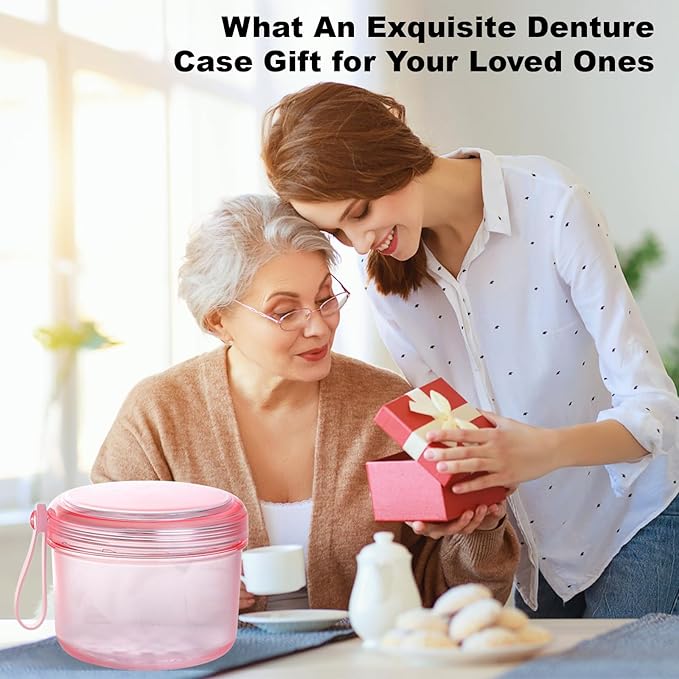 Denture Case, Leak Proof Denture Bath Cup for Travel, Denture Container Cups for Soaking Full & Partial Dentures, Retainers, Denture Cleaning Kit Holder Box with Denture Cleaner Brush-Transparent Pink
