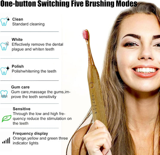 Electric Bamboo Toothbrush Sonic Toothbrush - 4 Replaceable Bamboo Brush Heads Eco-Friendly IPX7 Waterproof Electric Toothbrush, One-Button Switch Five-Mode Brushing