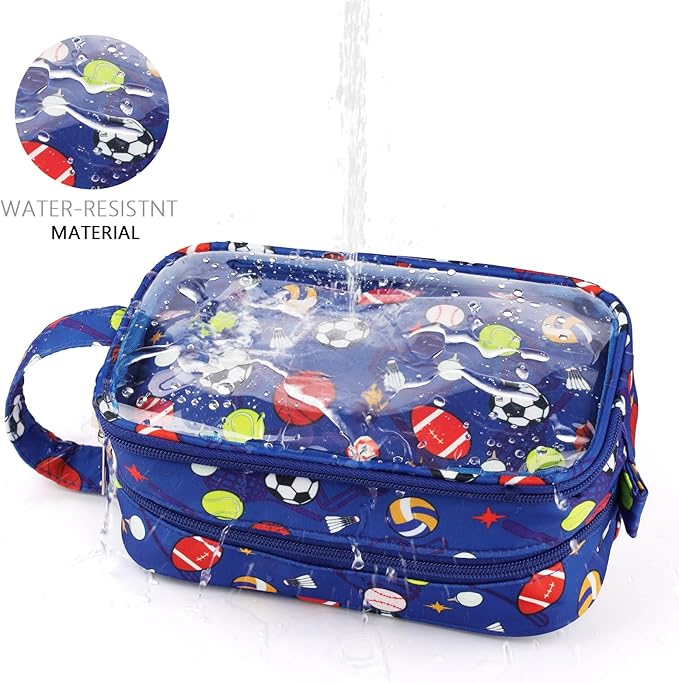 Kids Toiletry Bag for Boys, Travel Clear Toiletry Bag for Little Young Boys Waterproof Hanging Wash Bag Toddler Traveling Toiletries, Blue Soccer Balls