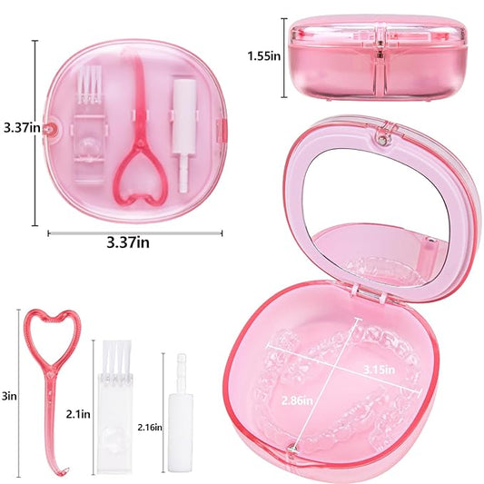 Pink Aligner and Retainer Case Double-layer Cute Slim Braces Night Mouth Guard Case with Remover Tool, Chew and Cleaning Brush, Built in Mirror Orthodontic Dental Retainer Container