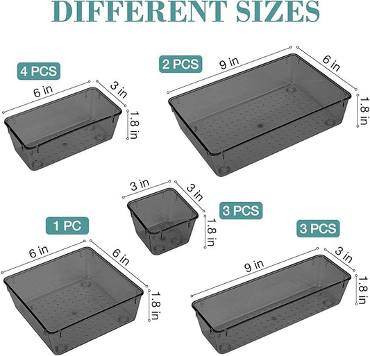 13 PCS Drawer Organizer Set, 5 Varied Size Bathroom and kitchen Drawer cabinet organizer Trays, Clear Storage Bins for Makeup, Jewelry, Utensils and Gadgets, Black