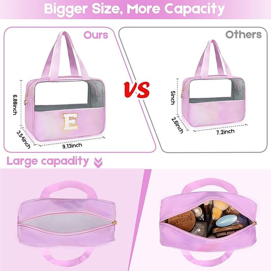 Personalized Initial C Clear Purple Makeup Bag - Large Travel Toiletry Bag, Cute Cosmetic Organizer Set for Girlfriend, Teacher, Teen Girl Gifts