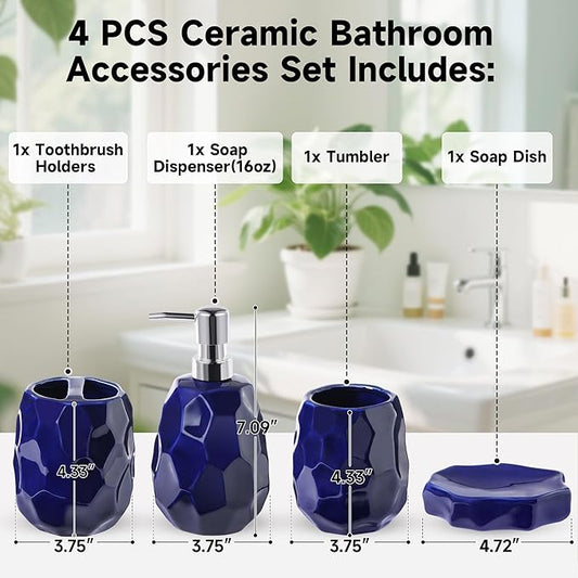 Ceramic Bathroom Accessories Set 4 PCS,Bathroom Toothbrush Holder Set,Soap and Toothbrush Holder Set,Include Toothbrush Holder,Soap Dispenser,Tumbler,Soap Dish,Bathroom Sets Decor Organizer(Navy Blue)