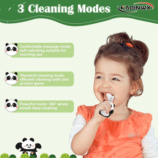 Kids U Shaped Electric Toothbrush for Age 2-12, Rechargeable Toddler Toothbrush with Smart Timer & 3 Clean Modes, Panda Design, IPX7 Waterproof, 3 Brush Heads & 360°Cleaning