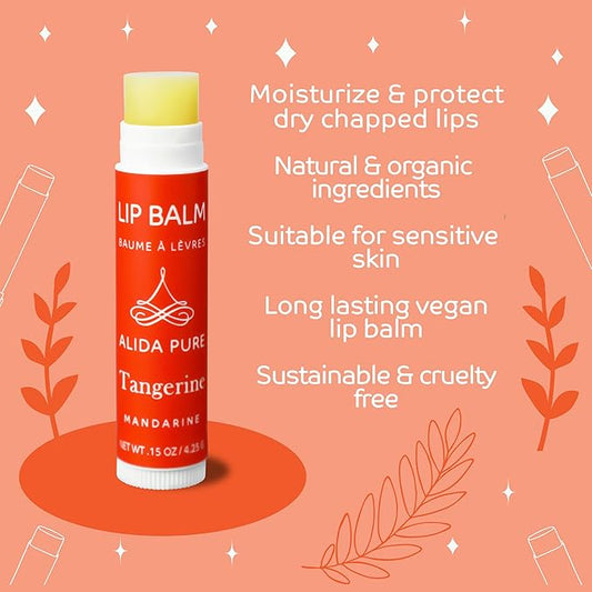Tangerine Lip Balm, Vegan Set, Beeswax Free, with Organic Jojoba and Avocado Oil, Candelilla Wax, and Vitamin E, Natural Moisturizer For Dry, Chapped, or Cracked Lips, 3 Tube Set