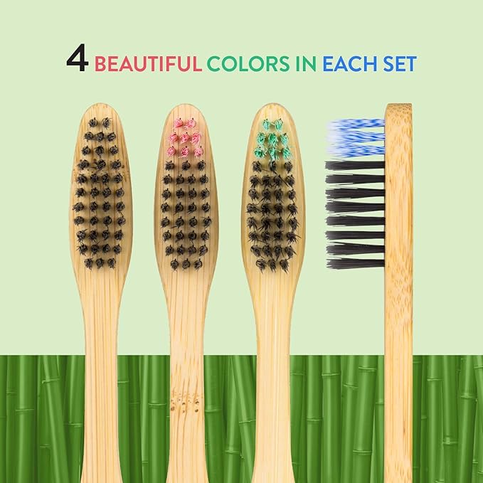 Lindo EcoGrip Charcoal Infused Bamboo Toothbrush - Soft German Made Fiber Bristles, Organic and Recyclable, Multi-Colored - Pack of 4