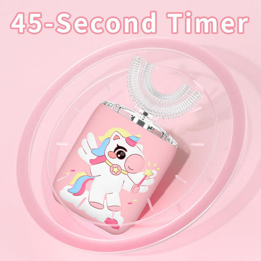 Kids Electric U Shaped Toothbrush Unicorn Rechargeable Sonic Toothbrush with 4 Soft Brush Heads with Kid Toothpaste IPX7 Waterproof - (Age 8-15, Pink)
