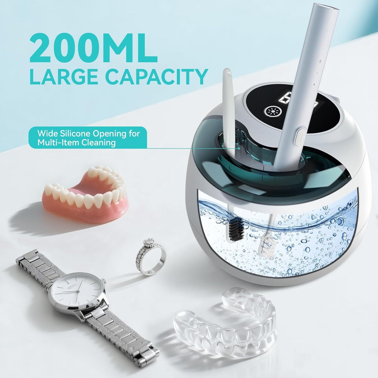 Denture Ultrasonic Retainer Cleaner Machine - 45kHz Retainer Cleaner Machine with 200ML Dental Pod, 9 Modes Ultrasonic Cleaner for Denture, Mouth Guard Clenching, Aligner, Braces, Toothbrush, Jewelry