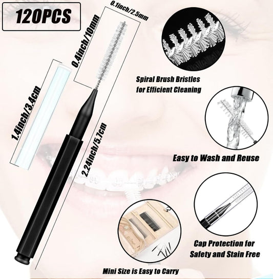 130-Count Interdental Brushes Set - Black & White Orthodontic Cleaning Kit with Spiral Brush Heads, Braces-Friendly Flossers & Toothpicks for Efficient Teeth & Braces Care