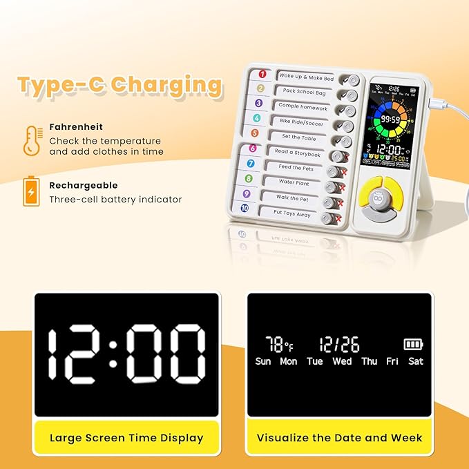 5 IN 1 Visual Timer for Kids/Adults with Chore Chart, ADHD Tools 12/24H Silent Task Timer and Pomodoro Timer, ADHD & Autism Sensory Products, Visual Schedule for Kids Back to School Supplies Off-white