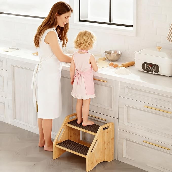 AMBIRD Wooden Step Stool with Washable and Removable Mats, Toddler Step Stools 300 lbs Capacity with Non-Slip Pads and Handles, Kid Step Stool for Kitchen, Bathroom, Bedroom (Natural with Brown Mats)