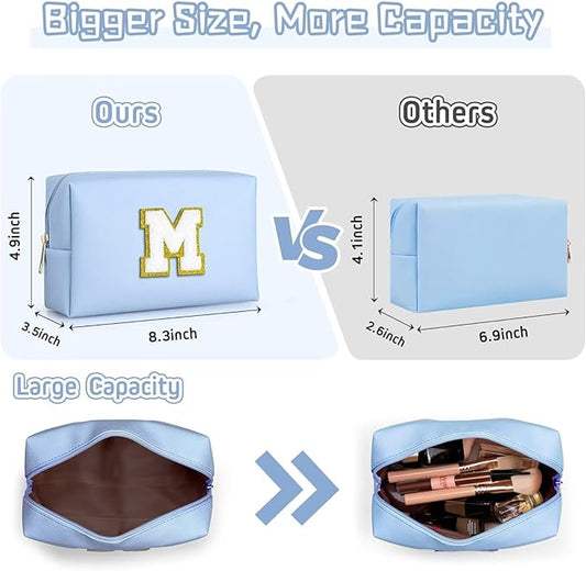 TOPEAST Cosmetic Travel Bags for Women, Preppy Small Makeup Bag, PU Leather Waterproof Toiletry Bag, Unique Friendship Gifts for Friends Coworker, Cute Stuff for Girls (Sky Blue R)