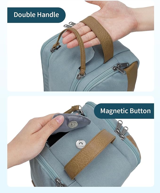 WANDF Toiletry Bag for Men Travel Toiletry Organizer Canvas and Leather Dopp Kit Water-Resistant Shaving Bag for Travel Accessories (Pale Blue, Large)