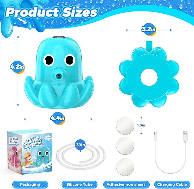 Water Table Pump - Cordless & Rechargeable Water Pump for Water Table with Magnetic Octopus Design, Quick-Install Outdoor Sand/Water Play Toys & Durable Accessories for Toddlers Kids (Green)