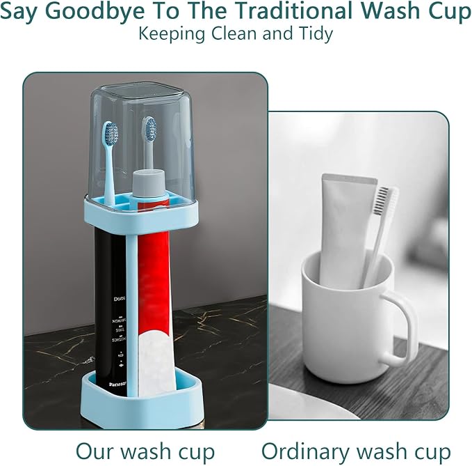 Toothbrush Holder with Cup/Cover, 3 Slots Toothpaste Holder Stand for Bathroom Countertop Plastic Storage Organizer for Toothbrushes, Electric Toothbrushes (Blue)