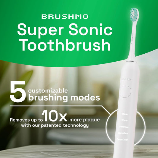 Brushmo Super Sonic Electric Toothbrush with 4 Replacement Heads - Rechargeable Electronic Tooth Brush for Adults with 5 Customizable Modes - IPX7 Waterproof & Long-Lasting Battery - White