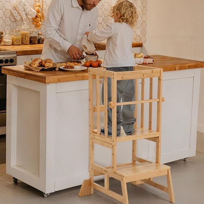 COSYLAND Height Adjustable Toddler Standing Tower - Toddler Kitchen Stool Helper Natural
