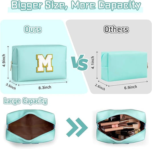 TOPEAST Preppy Makeup Bag, Small Cosmetic Travel Bags for Women, PU Leather Waterproof Toiletry Bag with Zipper, Personalized Birthday Gift for Women Girl, Preppy Gifts for Girl (Blue F)