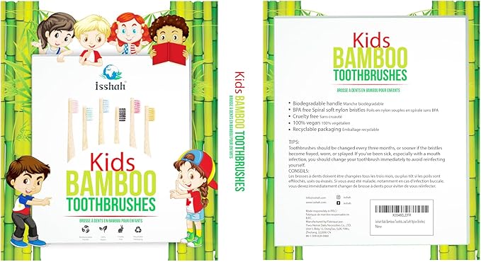 Kids Bamboo Toothbrushes Biodegradable Handle BPA Free Eco Friendly Children Size, FSC Certified and PETA Approved, Pack of 6 (Spiral Soft Nylon Bristles)