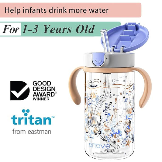 Evorie Tritan Spill Proof Toddler Straw Sippy Cup, 10 oz for Baby and Toddlers 1-3 Years Old, No Spill Straw Water Bottle with Removable Handles, Ideal for School, BPA-Free, Under the Sea
