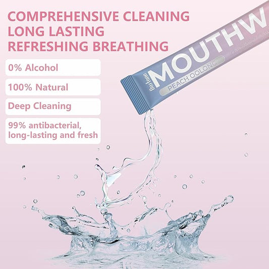 Travel Size Mouthwash, Peach Oolong Flavor, Alcohol-Free, 20-Pack Portable Packets, 0.5 Fl Oz Each, Long-Lasting Freshness (20)