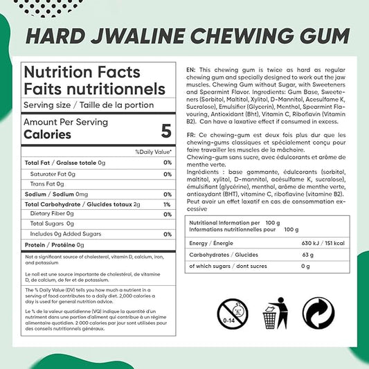 Jawliner® Hard Jwaline Chewing Gum - Sugar Free Spearmint Tough Jaw Gum - Jaw Exerciser Strong Mewing Jawline Mistic Gum - 2x Harder than Regular Chewing Gum 330 Grams (120 Strips)