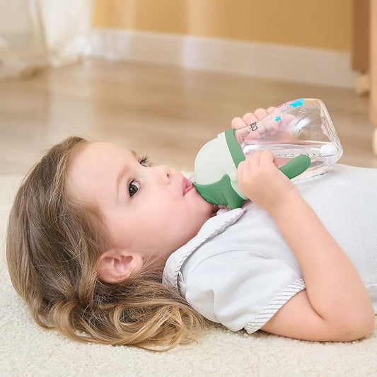 Tritan Sippy Cup, 270ml/9oz Baby Water Drinking Bottle with Removable Handle and Strap, Leak-Proof Training Cup for 12M+/1 Years+ Toddlers, Green/Pack of 2