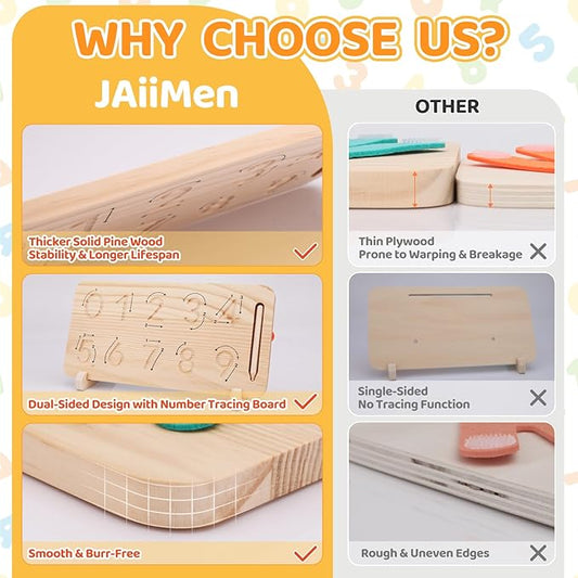 Montessori Learning Toys for Toddlers 2-4, Double-Sided Finger Counting & Number Tracing Board, Colorful Number Blocks, Solid Pine Wood Educational Math Toy for Kids Boys Girls Ages 1 3 5 Year Old