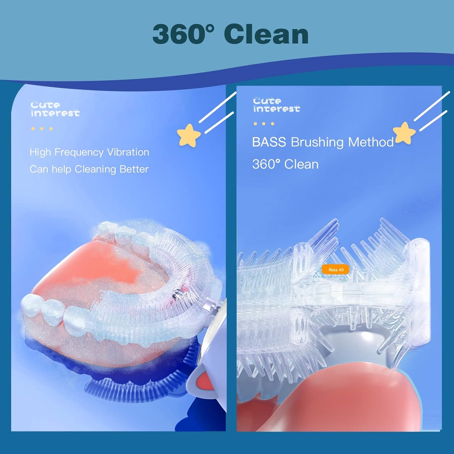 Kids Electric Toothbrush, U Shaped Toothbrush Kids Sonic Automatic Brush with 5 Brush Head 6 Sonic Clean Modes IPX7 Waterproof Raccoon Design Rechargeable Smart Timer for Children 2-7