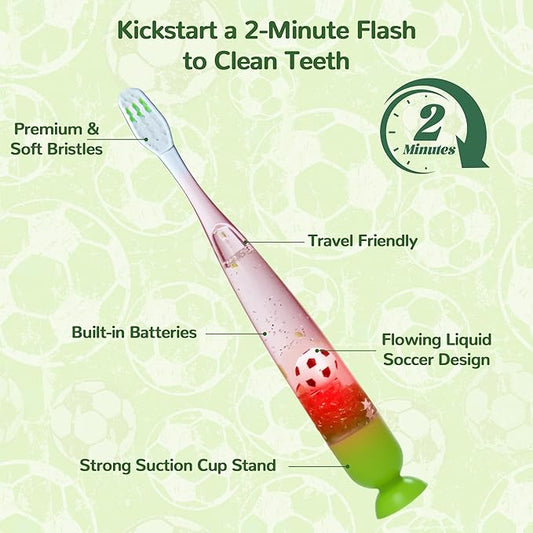 Lily's Home Kids Toothbrush with Flashing Timer and Soft Bristles, Rinsing Cup & Cover - Fun 2-Min Light-Up Brushing for Children - Toddler Soft Toothbrush Kit (Football)