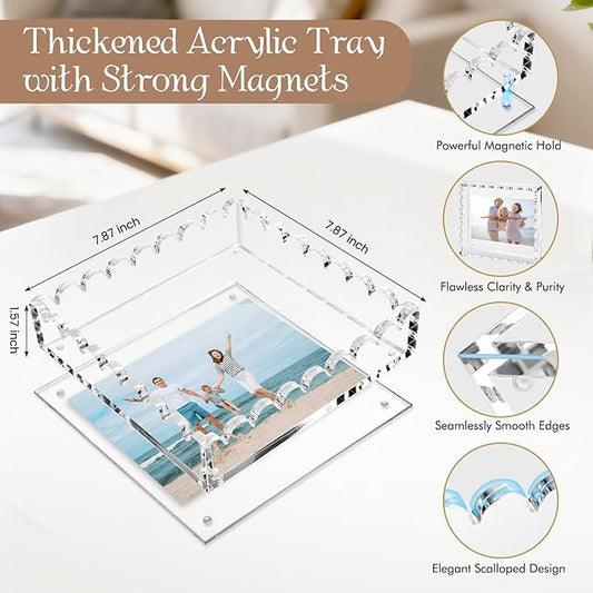 Acrylic Tray with Ultra-Strong Magnetic Mat- Customizable Serving & Display Tray, Clear Scalloped Vanity Jewelry Organizer, Picture Frame Bathroom Tray Decor, Unique Gift for Women Girls