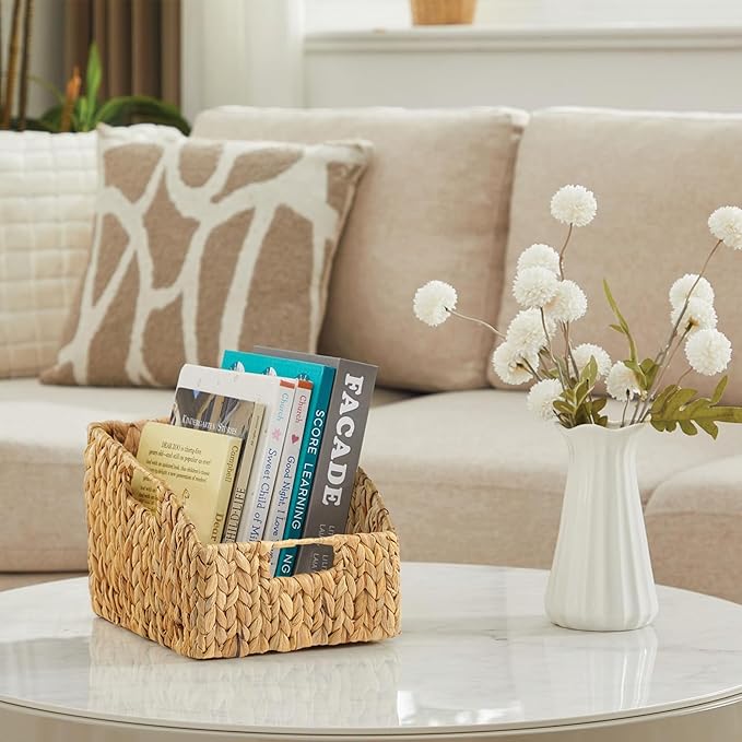 Greenatural Water Hyacinth Storage Baskets Set of 2, Handwoven Rectangular Organizer Trays with Built-in Handles in 2 Sizes, Nested Wicker Bins for Shelf, Bathroom, Kitchen, Office, Natural Decor