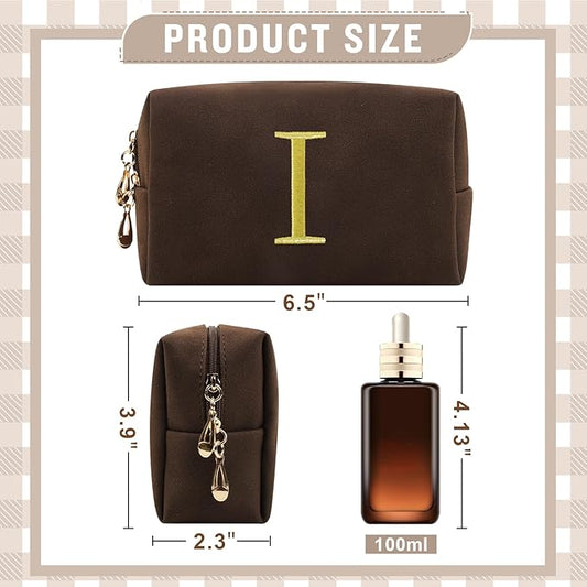 Personalized Initial Makeup Bag,Preppy Suede Cosmetic Bag for Teen Girls,Small Monogram Travel Toiletry Bag With Gold Embroidered Letter,Trendy Stuff Custom Christmas Gift for Women(Coffee-I)
