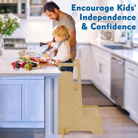 Step Stool for Kids, Large Wooden Kid Step Stool with Handles & Non-Slip Mats for Bathroom Sink and Kitchen, Potty Training Stool for Toilet