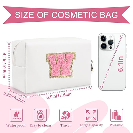 Personalized Makeup Bag Initial A-Z Preppy Patch Bag,Small PU Leather Travel Cosmetic Bag Pouch with Zipper,White Cute Toiletry Bag,Gift Ideal for Teen Girls Women Birthday Friend Mom,Letter W