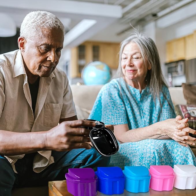 2 Pack Travel Denture Bath Case Set Orthodontic Dental Box Case with Brush, Denture Soaking Cup False Teeth Retainer Container for Clear Braces, Mouth Guard, Night Guard