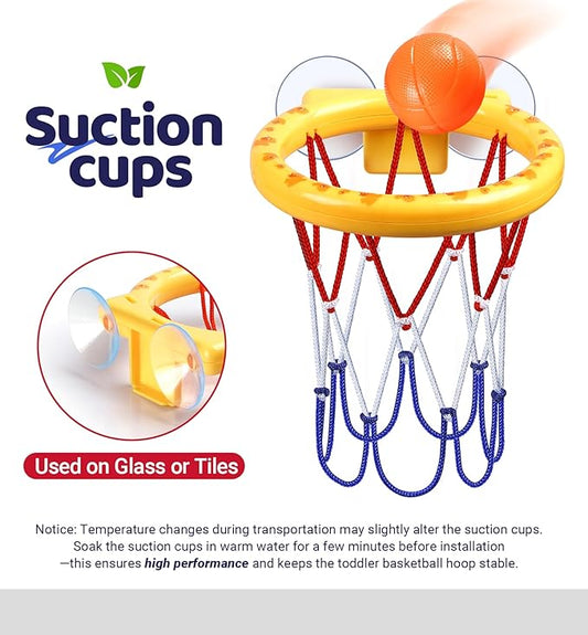 Bath Toys, Bathtub Basketball Hoop for Toddler Kids - 5 Soft No-Hole Balls, Yellow Duck Cartoon Style with Strong Suction Cups, Baby Shower Toy Set for Boys & Girls, Gift-Ready