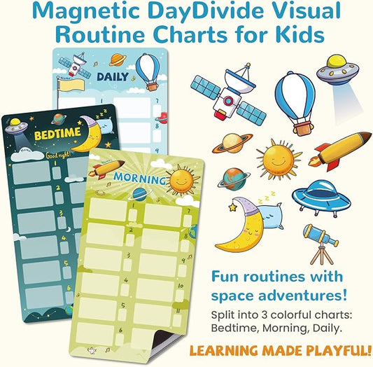 JJPRO Magnetic Bedtime/Morning/Daily Routine Chart for Kids with Reward Jar-Magnetic Chore Chart for Kids, Daily Visual Schedule Board for Toddlers, Bedtime Checklist Reward Jar-Outer Space