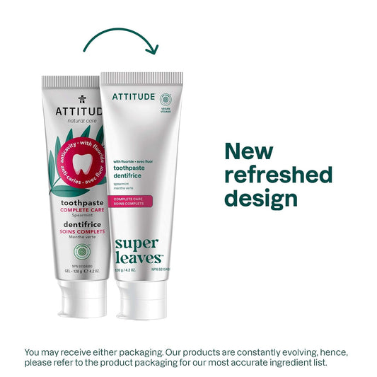 ATTITUDE Complete Care Toothpaste with Fluoride, Spearmint Flavor, Vegan & Cruelty-Free, Sugar-Free, Plant & Mineral-Based Ingredients, Clean Oral Care, 4.2 Oz