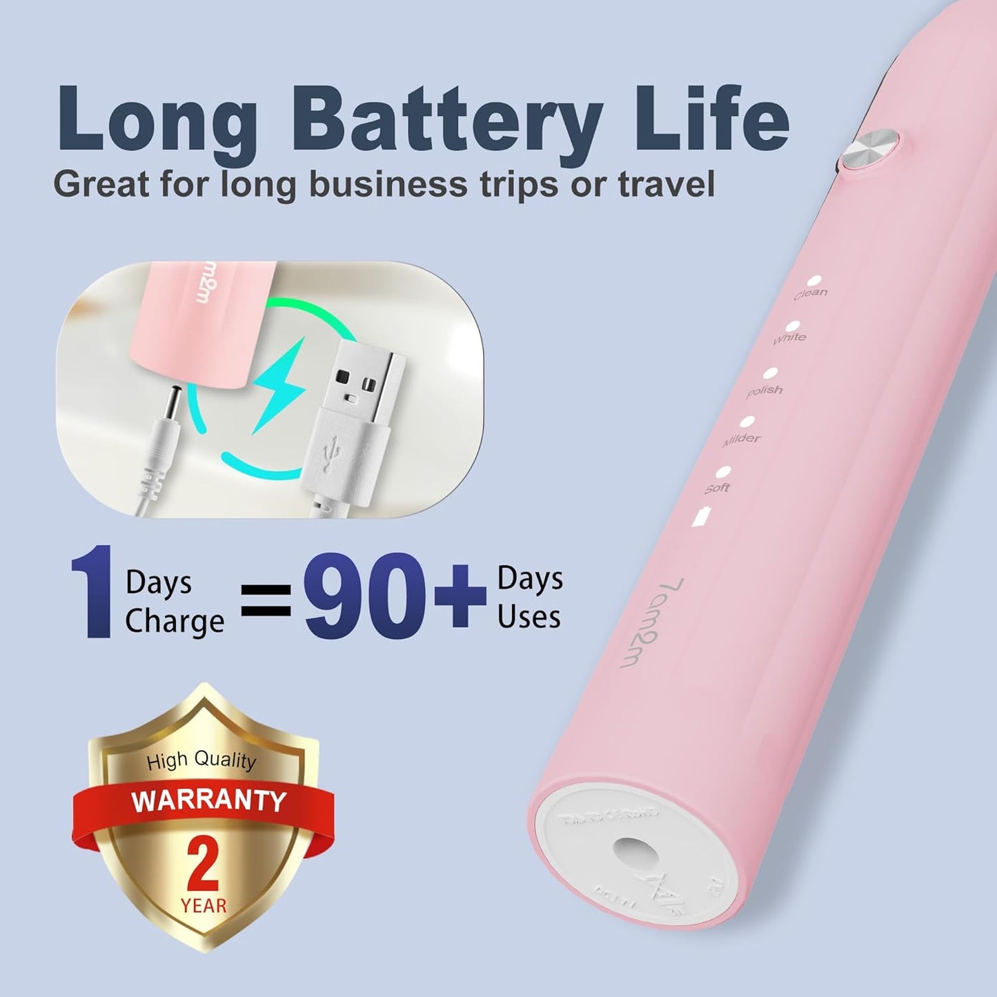 7AM2M Sonic Electric Toothbrush for Adults and Kids, with 8 Brush Heads and Travel Case,5 Modes with 2 Minutes Build in Smart Timer, One Charge Use for 90 Days, Rechargeable Toothbrushes(Pink)