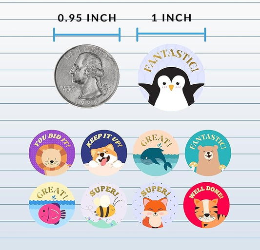 Mobiusea Creation Classroom Stickers | Gold Foil Good Job Stickers |1 Inch | 1000pcs Cute Animal Reward Sticker, Motivational Sticker for Kids, Teacher, Elementary, School, Preschool