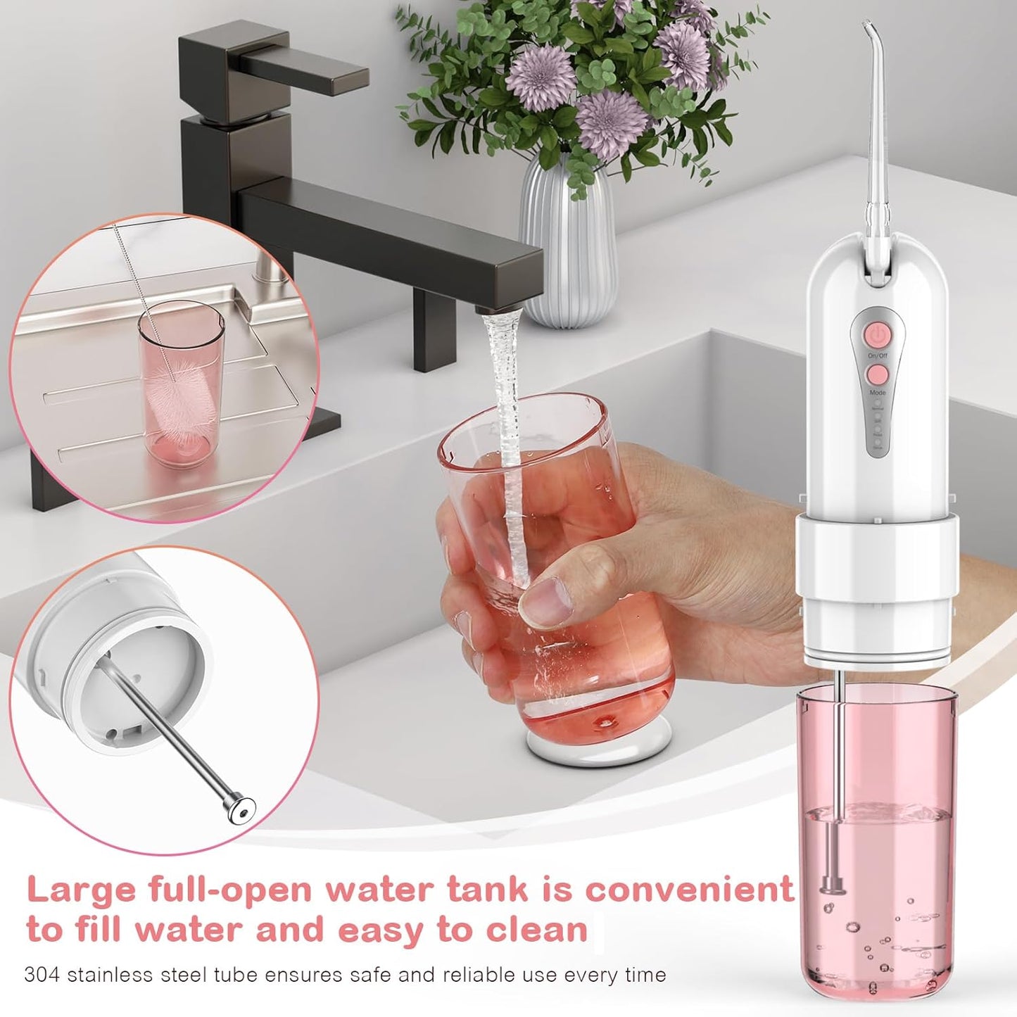 Water Dental Flosser for Teeth Cleaning and Flossing with Travel Size Case ā Rechargeable Oral Irrigator, KOOVON Portable Water Flosser for Adults, IPX7 Waterproof, 5 Jet Tips & 4 Modes, Pink