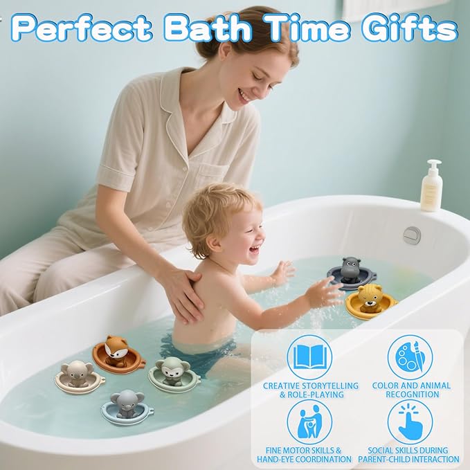 OTONOPI Baby Bath Toys Set 12 Pcs, Floating Bath Toys with 6 Sensory Animal Finger Puppets 6 Stackable Boat, Educational Water Floating Bathtub Pool Beach Toy for Toddlers Babies 18 Months and Up
