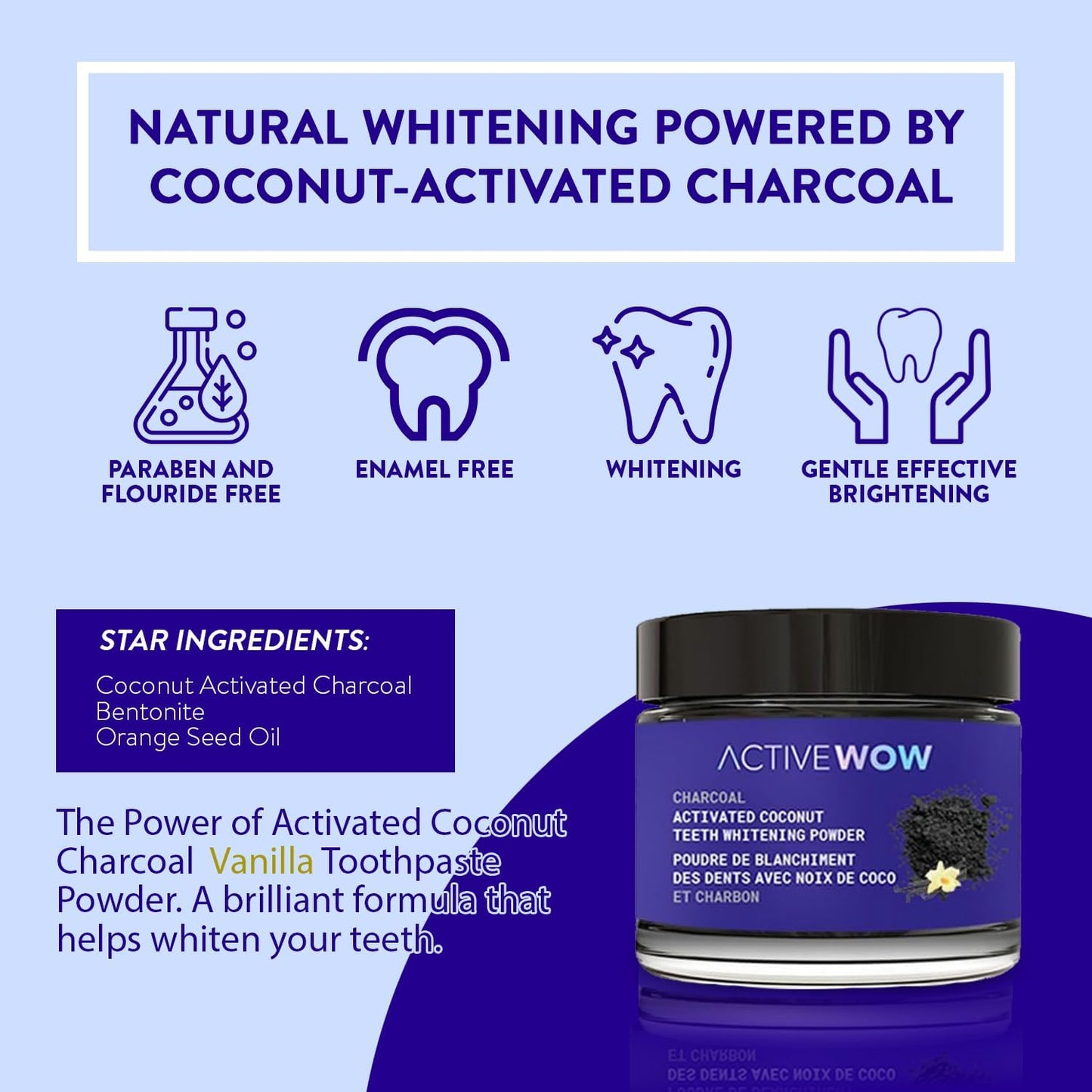 Active Wow Activated Coconut Powder – Whitening Toothpaste Powder, Fluoride-Free, Sulfate & Paraben-Free, Vanilla Flavor