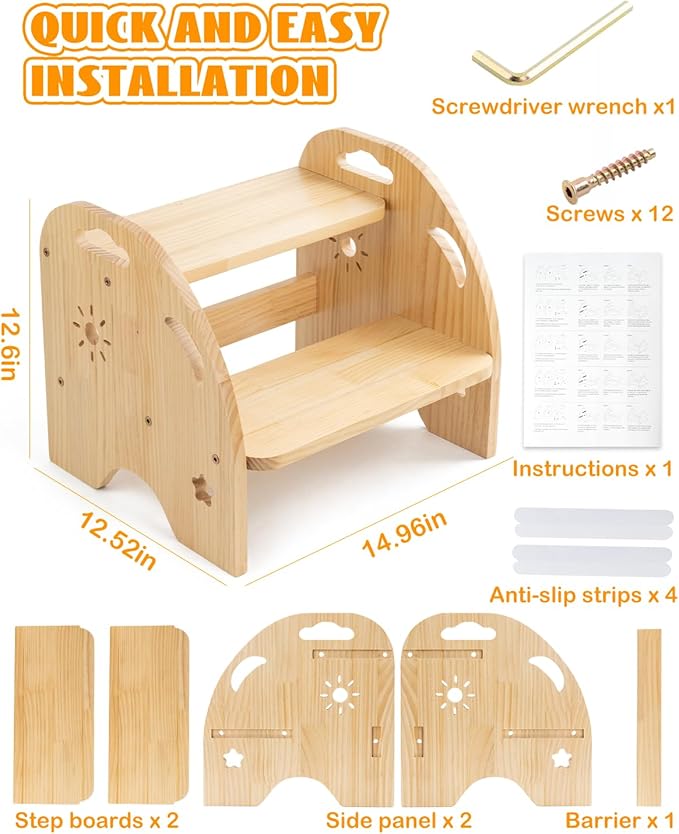 Wooden Toddler Step Stool for Kids - Non Slip 2 Step Stool with Handles for Bathroom Sink, Potty Training, Kitchen